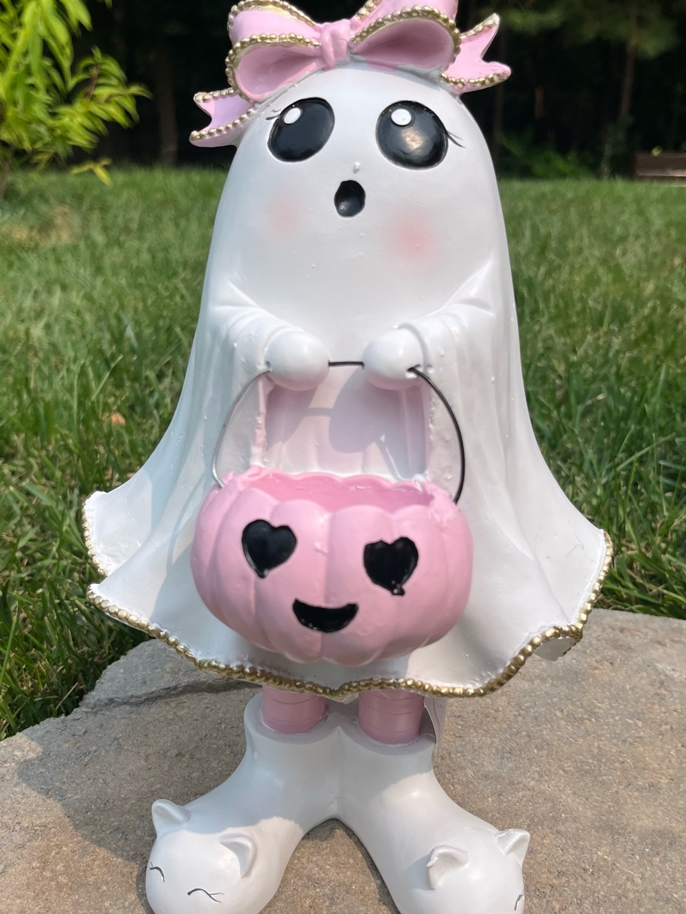 Cute White Ghost Figurine with Pink Bow & Pink Pumpkin Basket